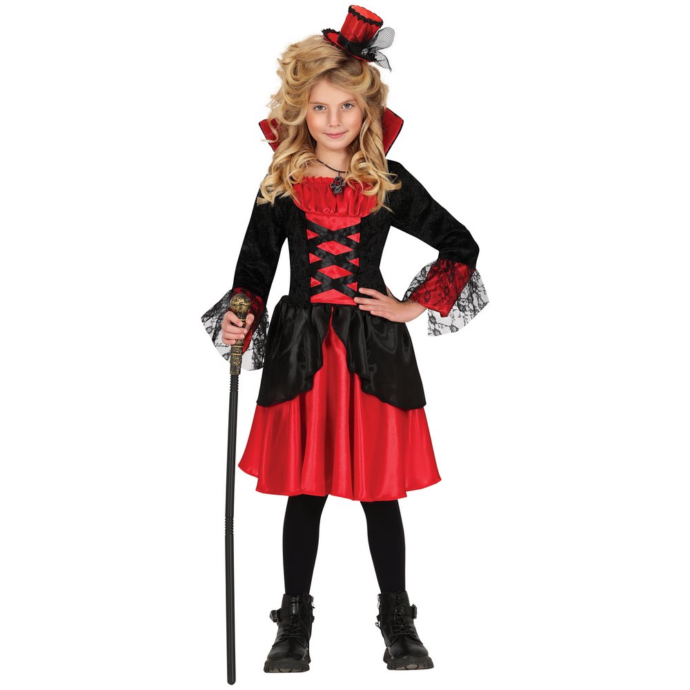 Elegáns Piros-Fekete Vámpír Lány Jelmez Szett Halloweenre, 10 - 12 Év, Piros, Fekete