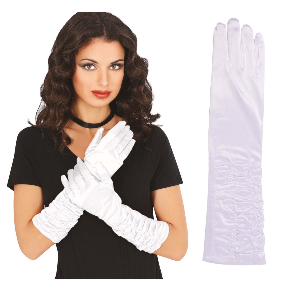 Fehér Elegáns Ráncolt Szatén Kesztyű Nőknek,  40 cm