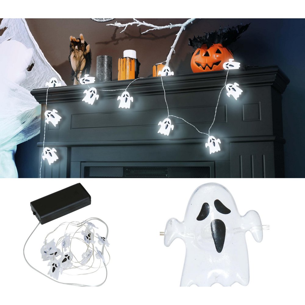 Fehér Elemes Pók Füzér Halloweenre,  120 cm