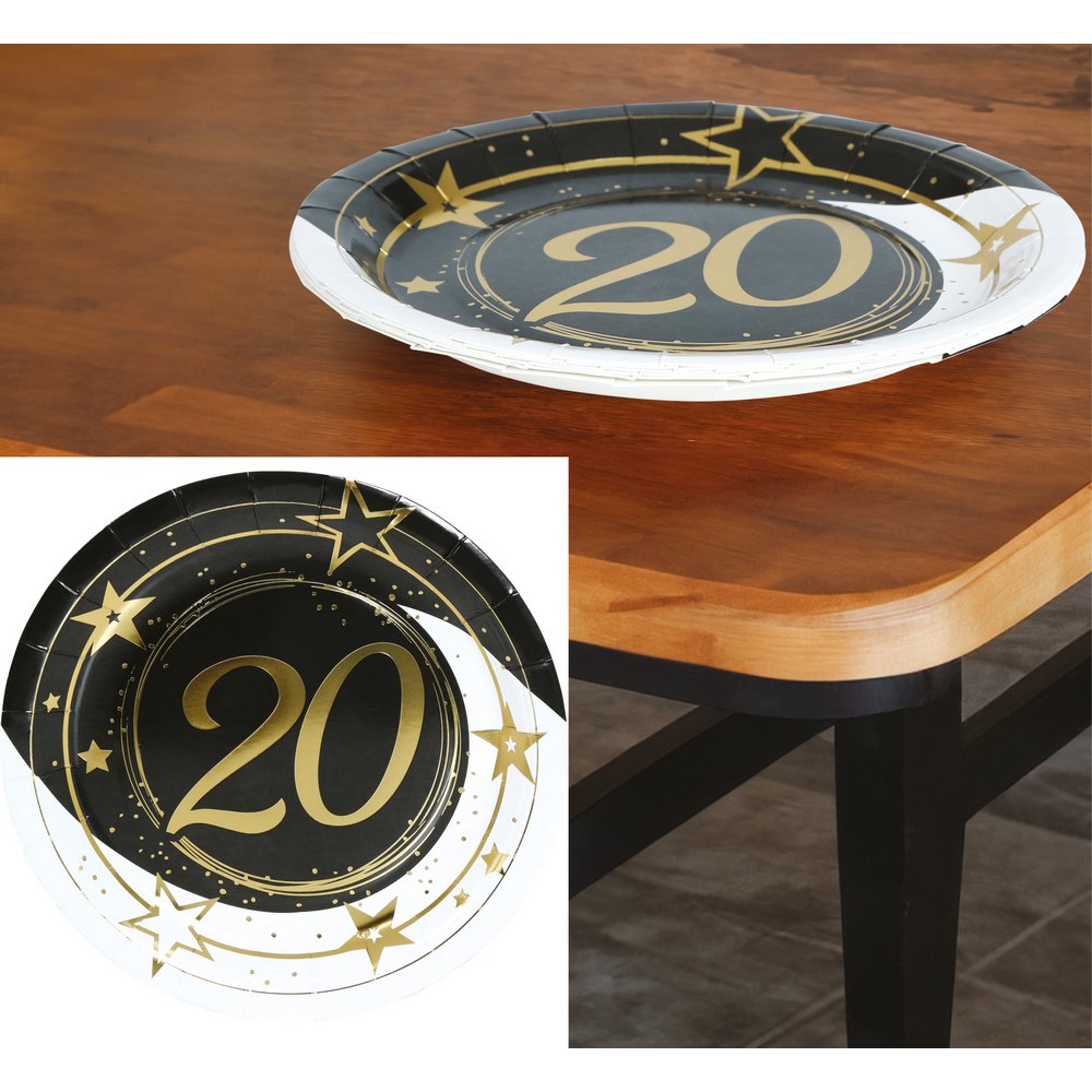 Fekete-Arany 20. Születésnapi Papírtányér Szett, 6 db, 23 cm