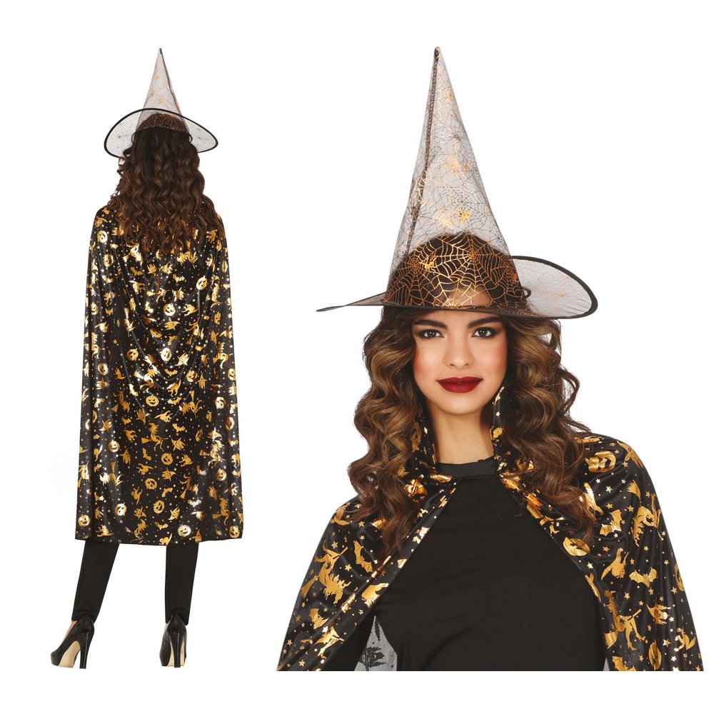 Fekete-Arany Boszorkány Kalap és Köpeny Szett Nőknek Halloweenre, 110 cm