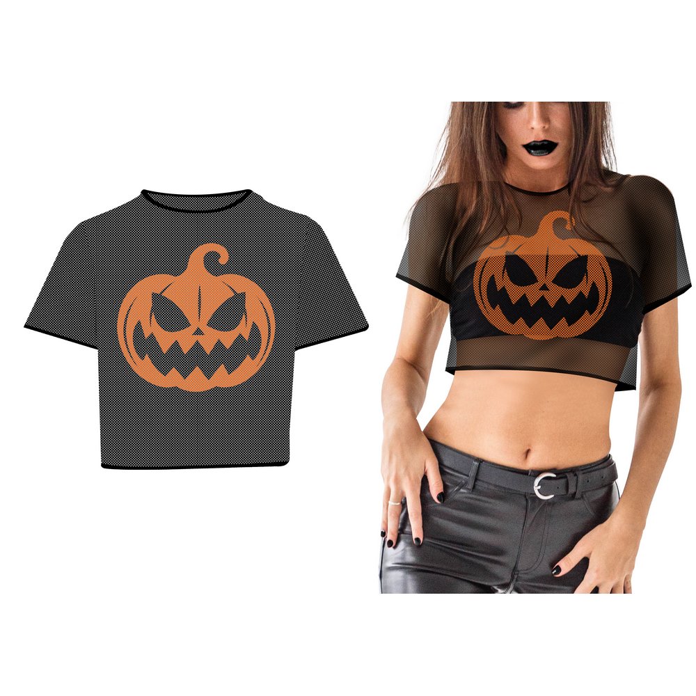 Fekete Átlátszó Halloween Tök Mintás Crop Top Női Póló