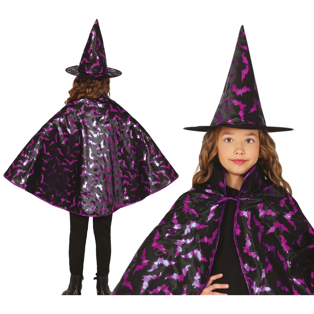 Fekete Boszorkány Köpeny és Kalap Szett Lányoknak Halloweenre, 50 cm