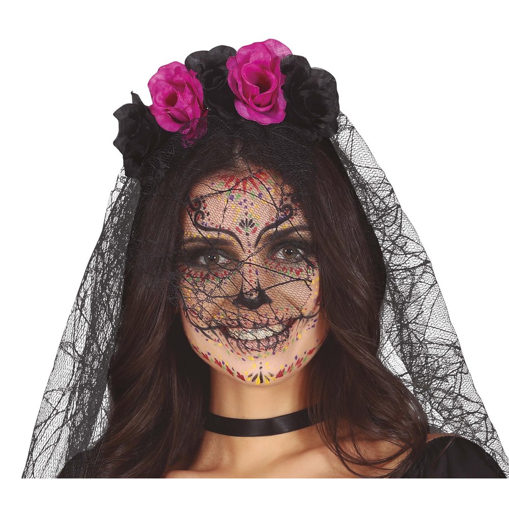 Fekete Catrina Virágos Fejdísz Fátyollal Nőknek Mexikói Halottak Napjára