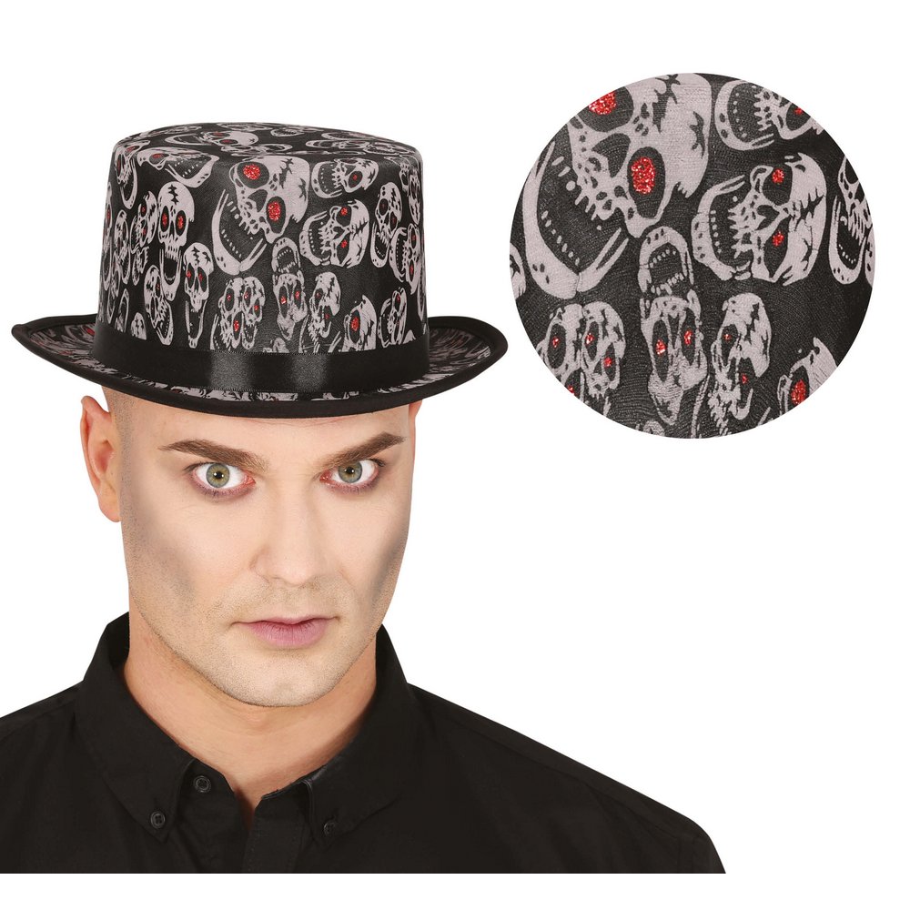Fekete Cilinder Kalap Csillogó Koponyákkal Halloweenre