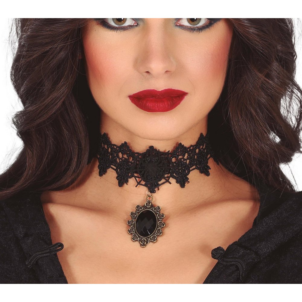 Fekete Csipke Choker Nyaklánc Gótikus Medállal Női Halloweenre