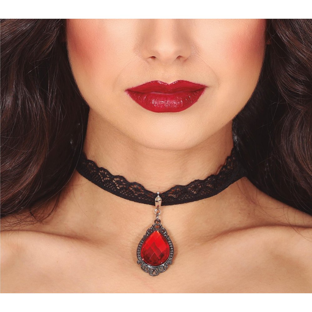 Fekete Csipke Choker Nyaklánc Piros Rubint Medállal Halloweenre, 5 cm