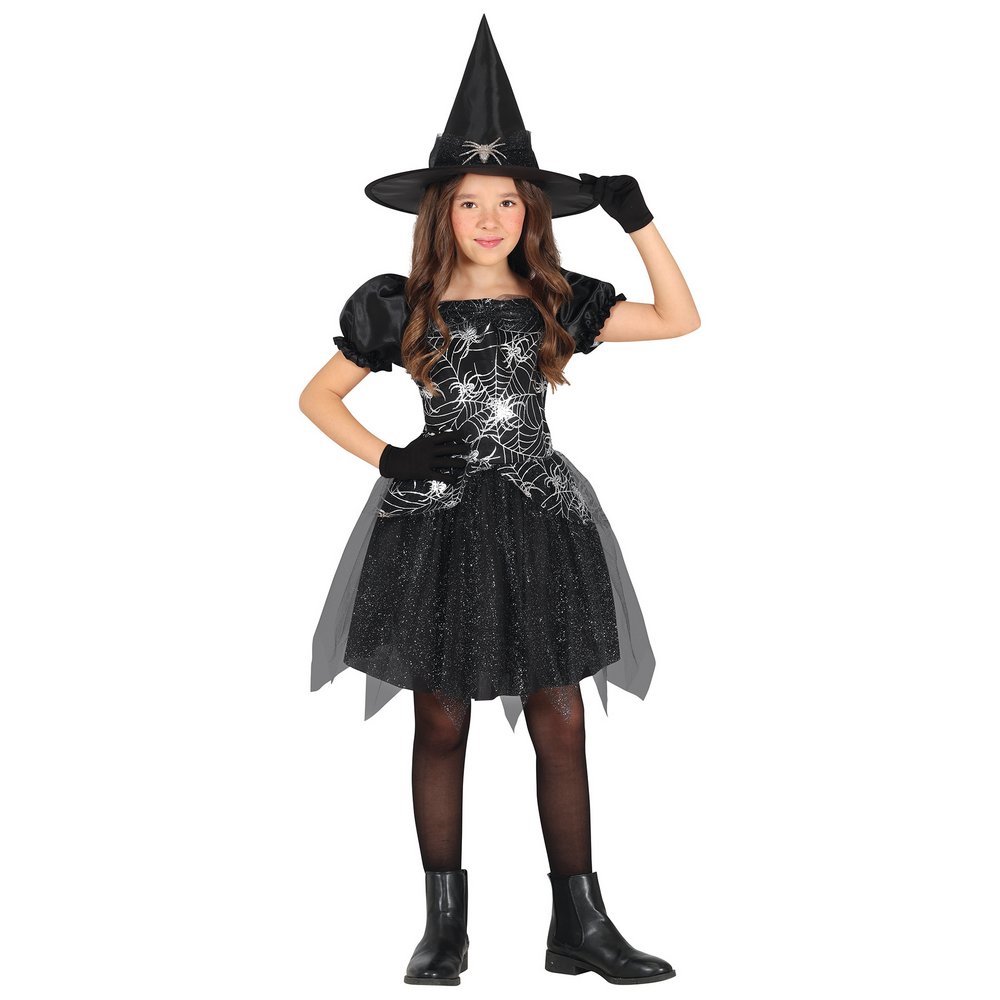 Fekete Ezüst Pókfonatos Boszorkány Jelmez Lányoknak Halloweenre, 5 - 6 Év, Fekete