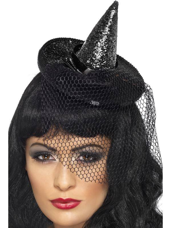 Fekete Glitteres Mini Boszorkány Kalap Fejpánton