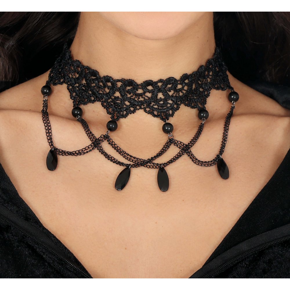 Fekete Gótikus Csipke Choker Gyöngyökkel Halloweenre