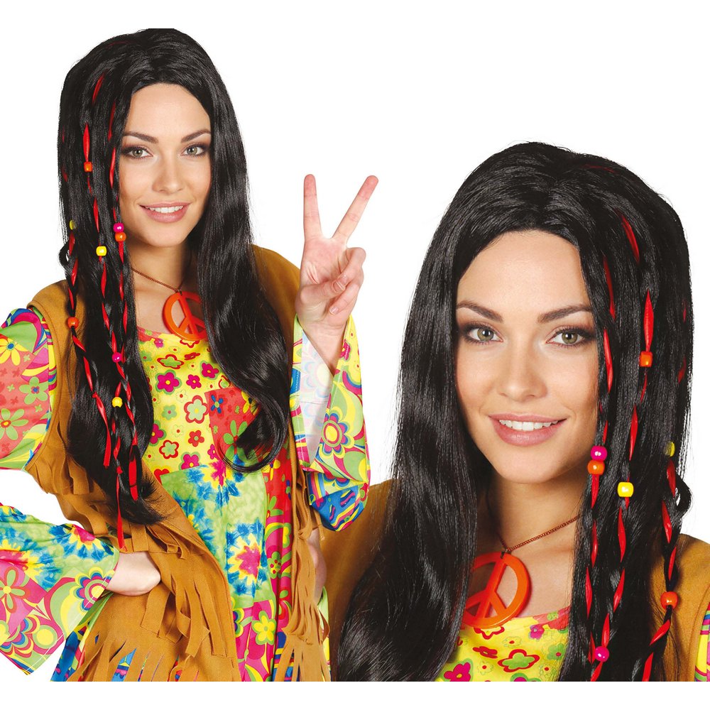 Fekete Hippie Női Paróka Színes Gyöngyökkel és Szalagokkal