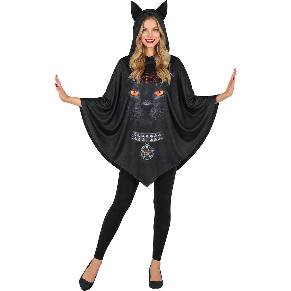 Fekete Macska Kapucnis Poncsó Jelmez Nőknek Halloweenre, L (42-44), Fekete