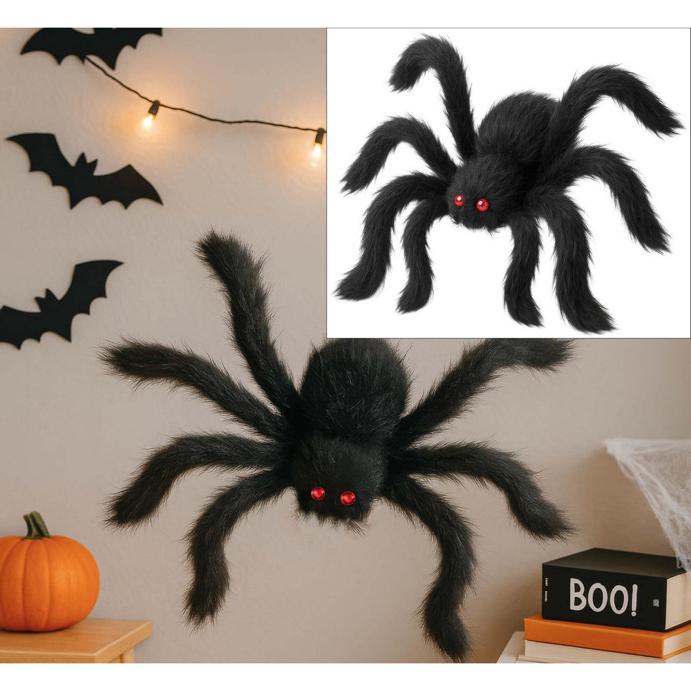 Fekete Szőrös Pók Dekoráció Halloweenre, 50 cm
