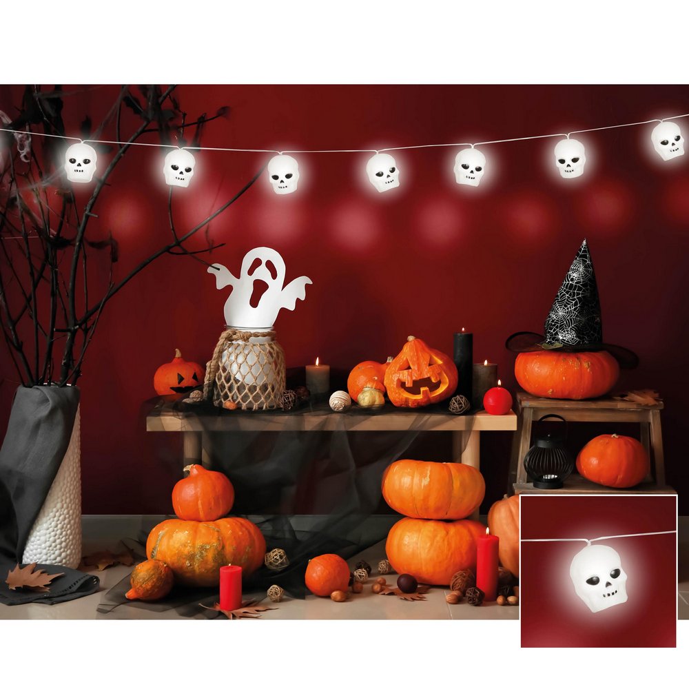 Fényfüzér 12 Koponyával Halloweenre, 220 cm