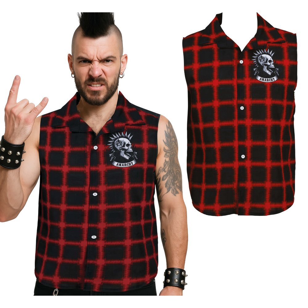 Férfi Kockás Ujjatlan Punk Ing Anarchia Koponyával