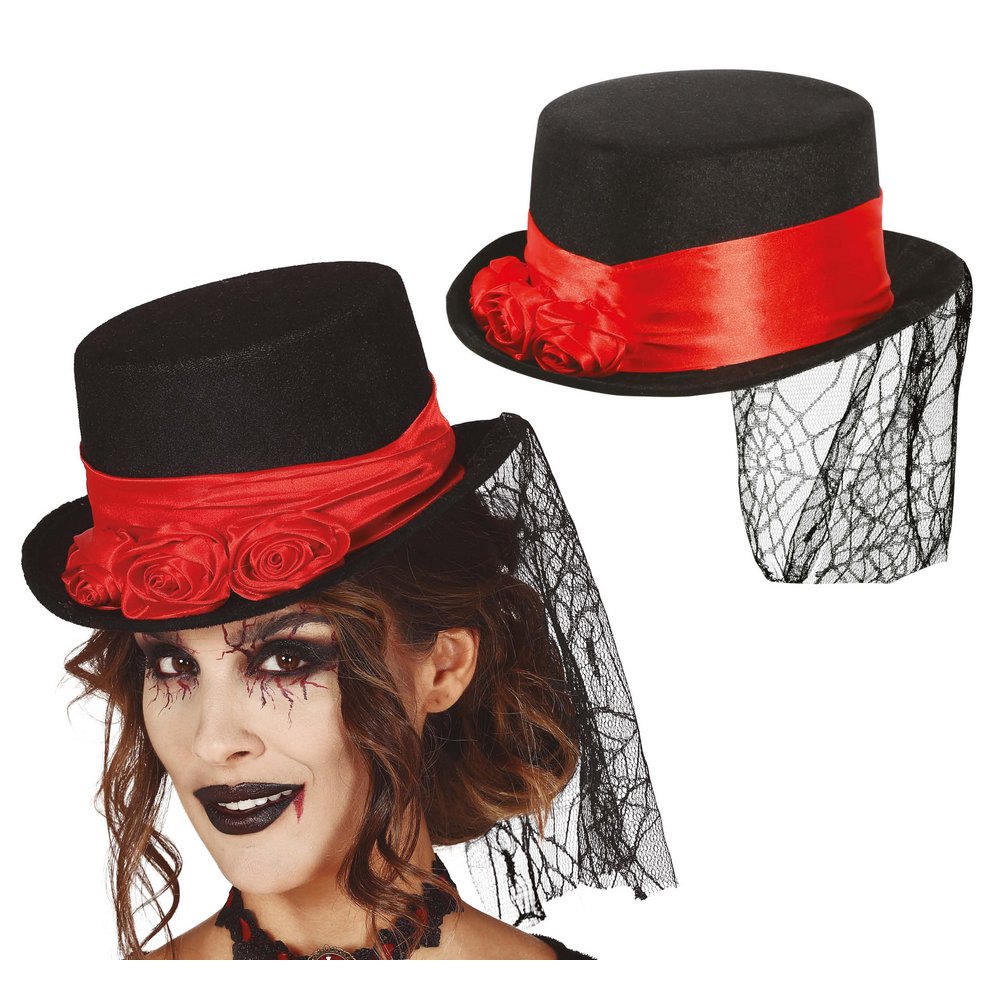 Filc Vámpír Cilinder Kalap Nőknek Halloweenre, Fátyollal