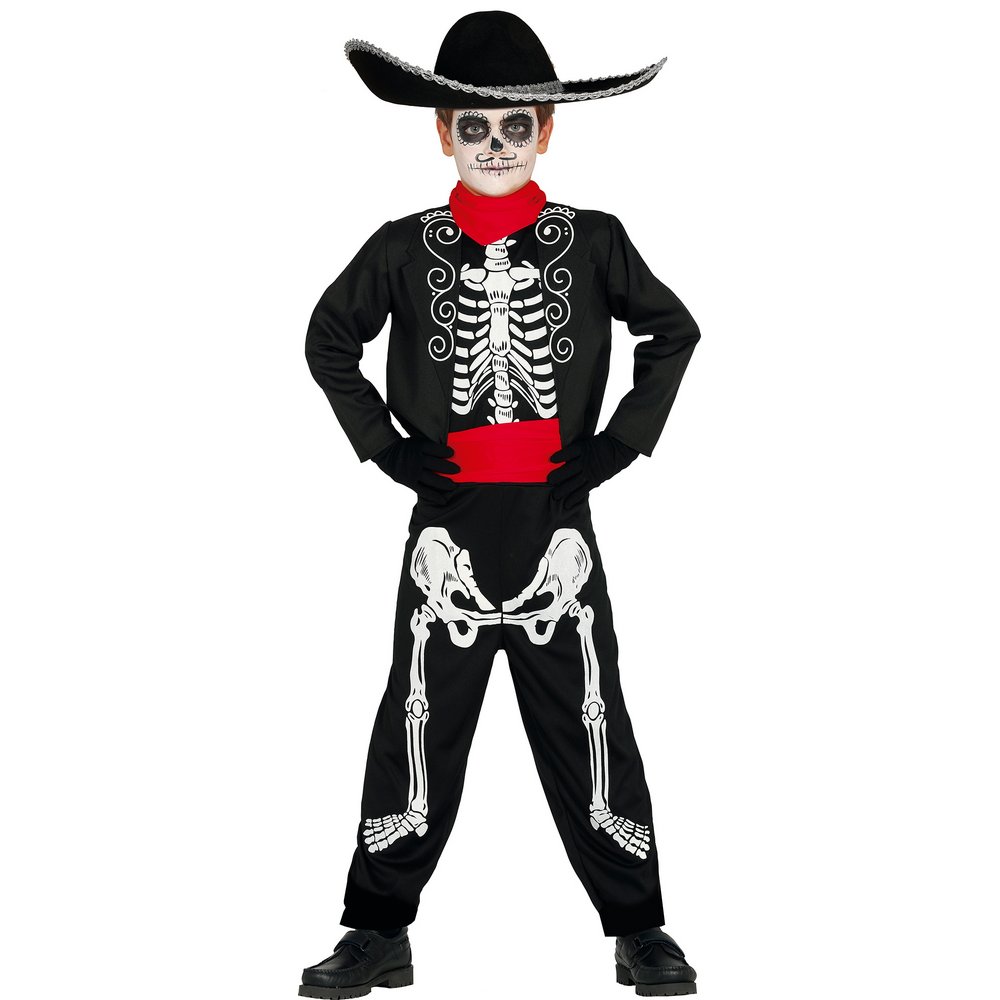 Fiú Mariachi csontváz jelmezszett – fekete, piros, 10 - 12 év