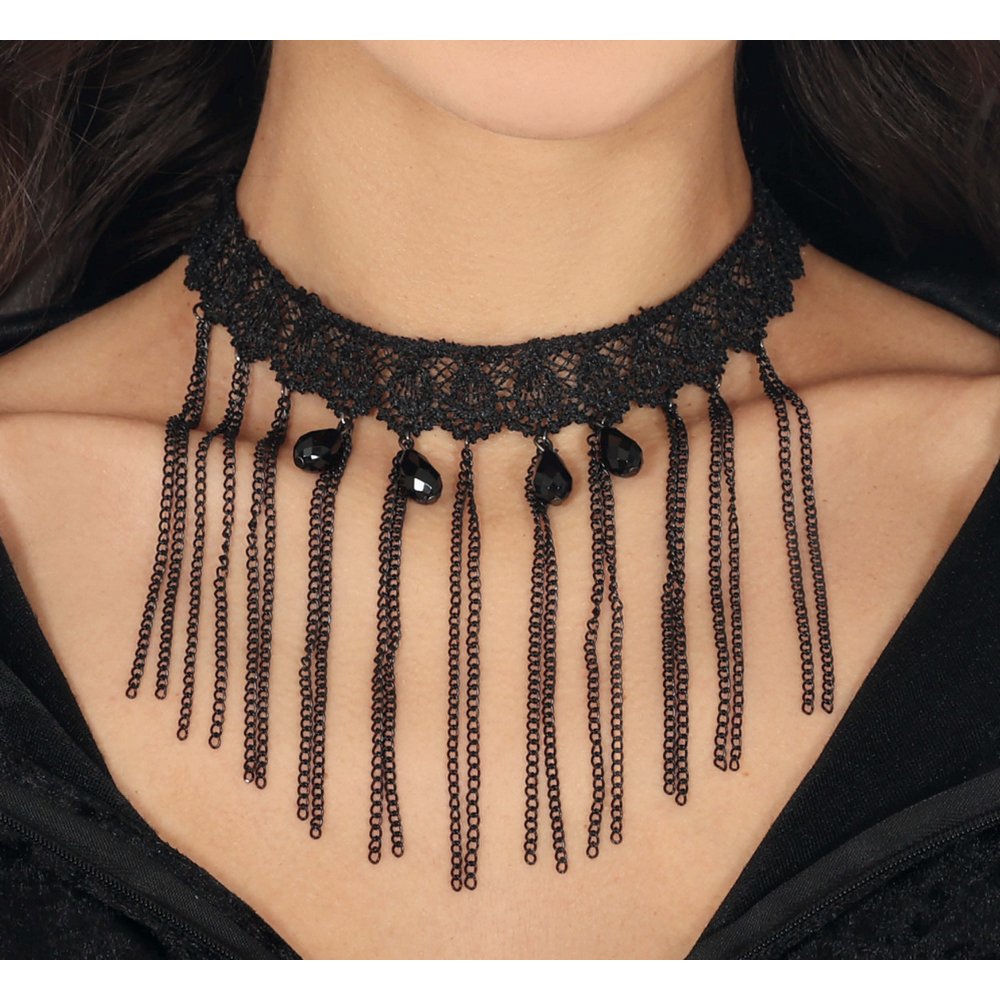 Gótikus Fekete Csipke Choker Láncokkal és Gyöngyökkel Halloweenre