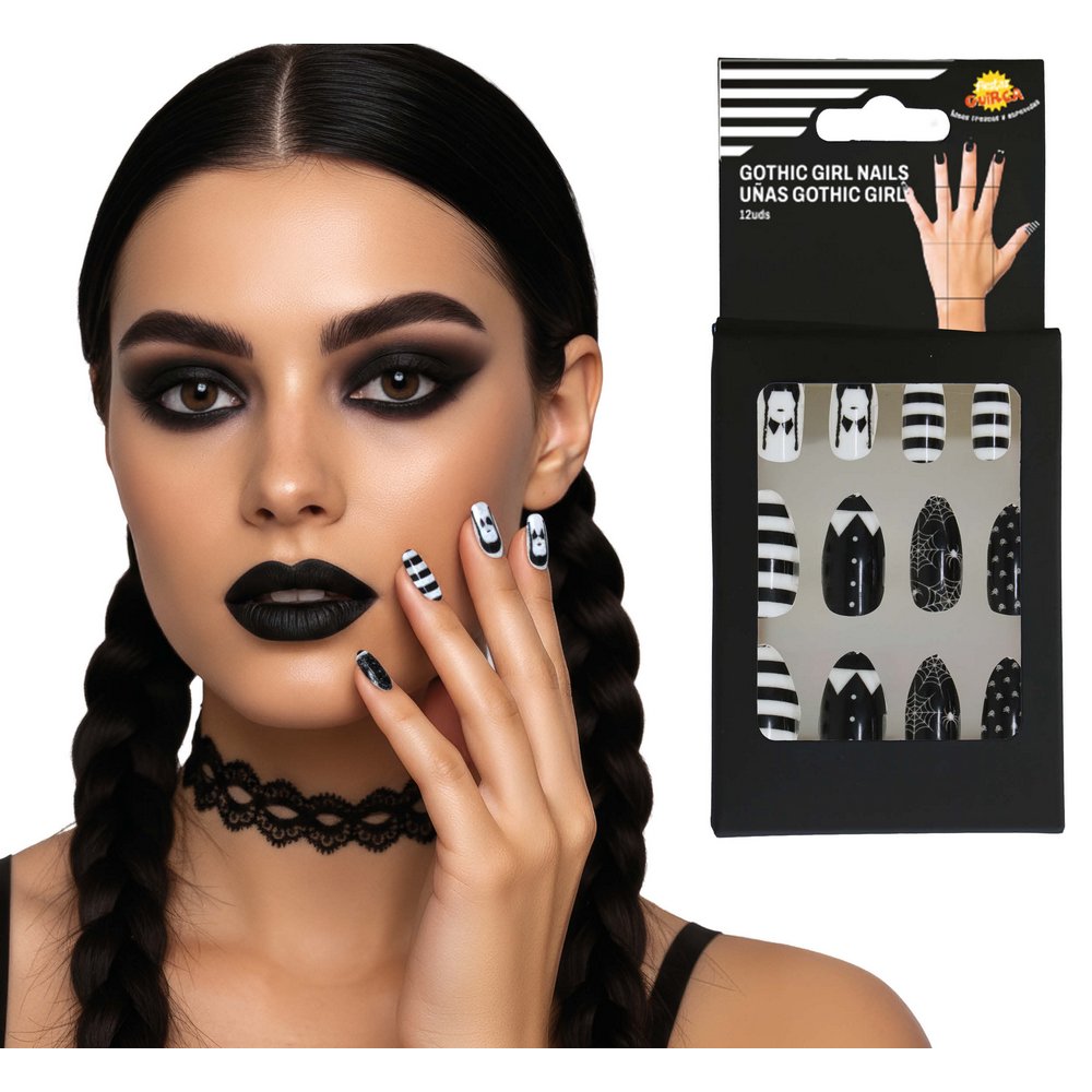 Gótikus Fekete-Fehér Műköröm Szett Nőknek Halloweenre, 12 db