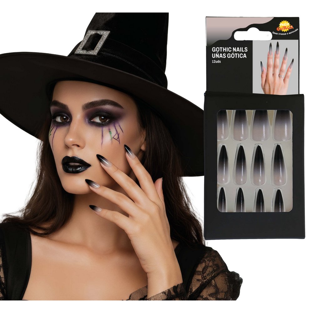 Gótikus Műköröm Szett Ragasztóval Nőknek Halloweenre, 12 db