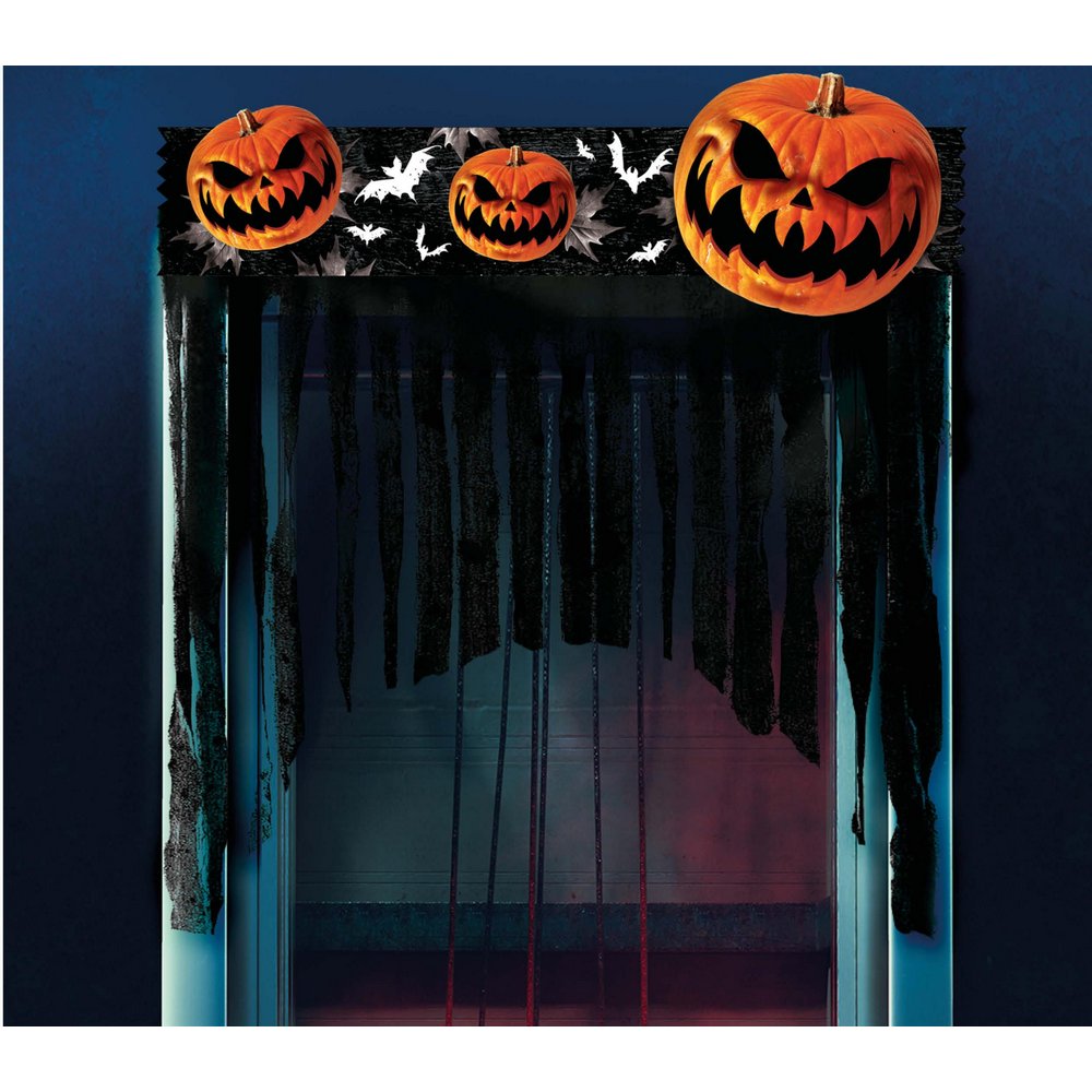 Halloween Ajtófüggöny Tépett Fátyollal és Tökös Fejléccel, 90x90 cm