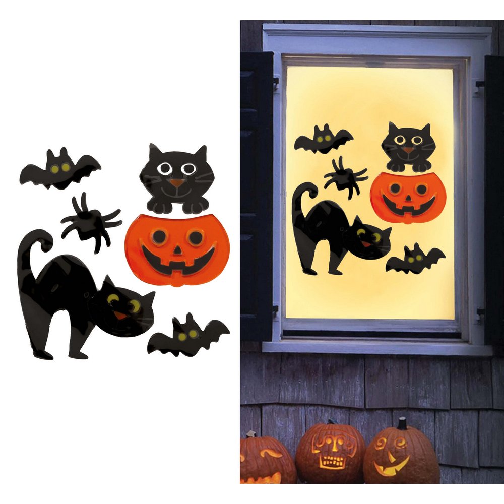 Halloween Gél Ablakdekoráció, Macskákkal és Denevérekkel, 20x25 cm