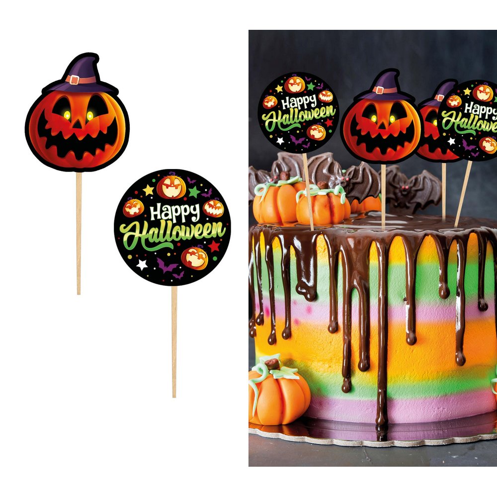 Halloween Torta Díszítő Pálcák Töklámpás és Happy Halloween Designnal, 12 db, 6 cm