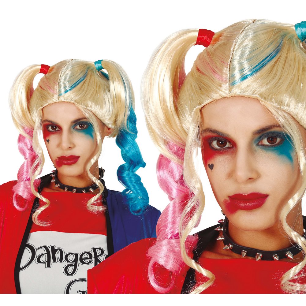 Harley Quinn Stílusú Szőke Paróka Rózsaszín és Kék Copfokkal Nőknek Halloweenre