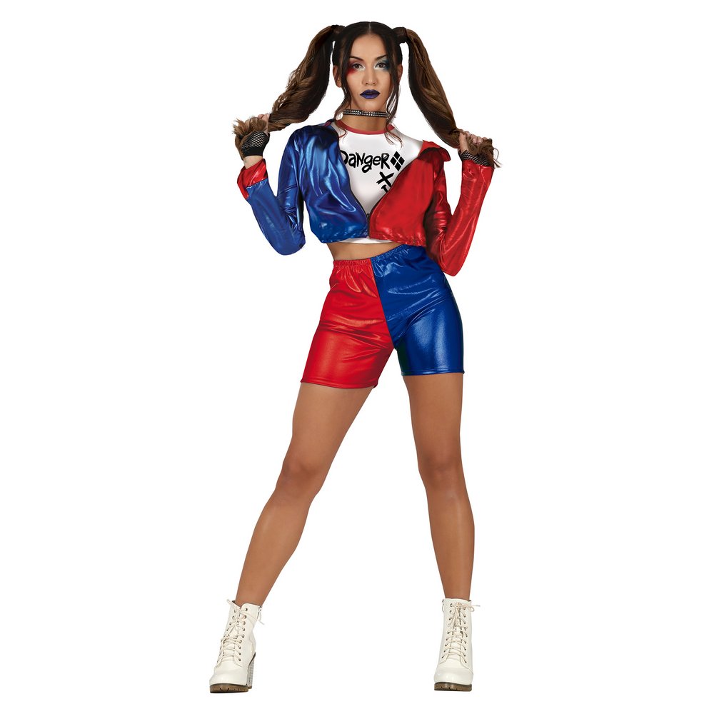 Harley Quinn Stílusú Veszélyes Csábító Női Jelmez Halloweenre, L (42-44), Piros, Kék