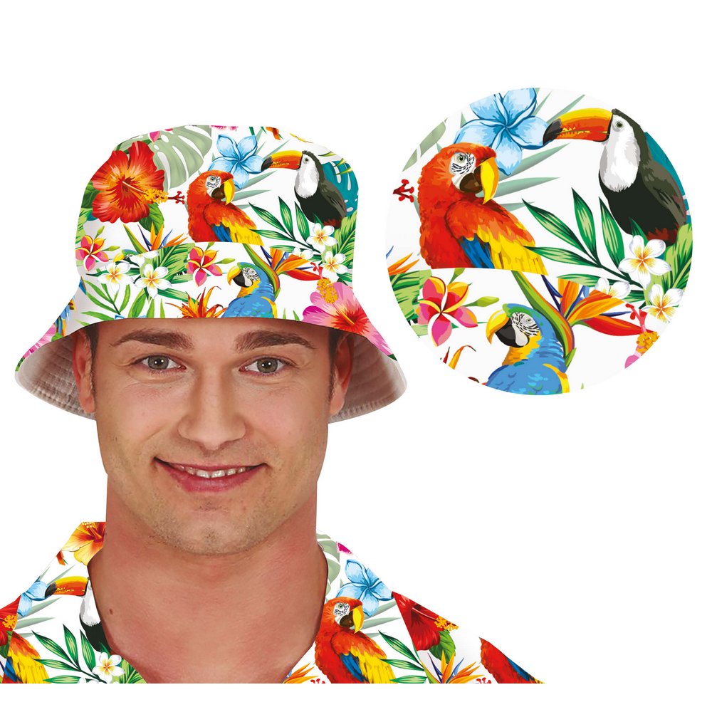 Hawaii Mintás Vödörkalap Papagájokkal és Trópusi Virágokkal Unisex Felnőtteknek