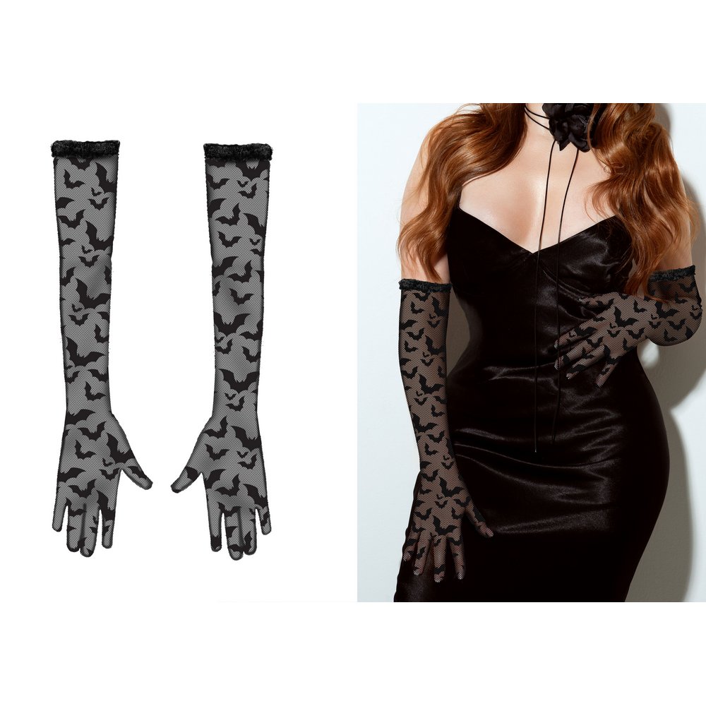 Hosszú Csipkés Denevérmintás Kesztyű Nőknek Halloweenre, 38 cm