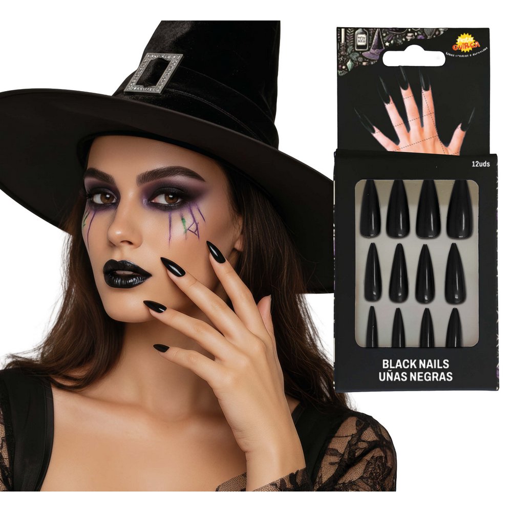 Hosszú Fekete Öntapadós Műköröm Szett Női Jelmezhez Halloweenre, 12 db