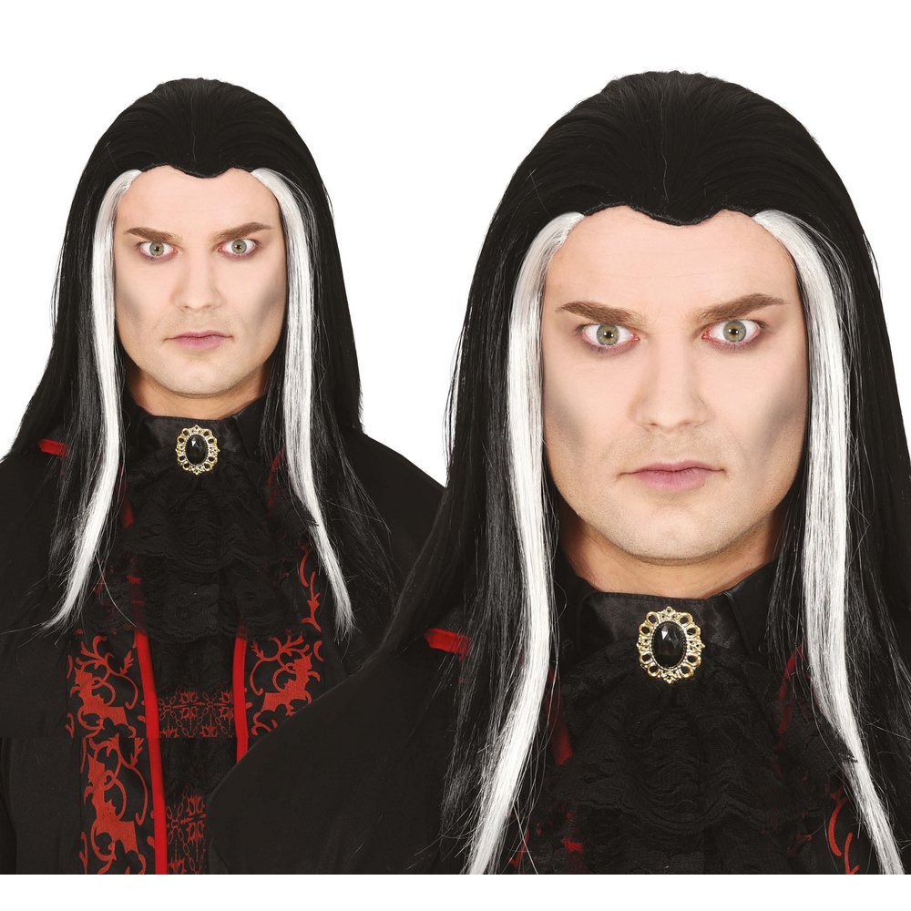 Hosszú Fekete Vámpír Paróka Fehér Csíkokkal Férfiaknak Halloweenre