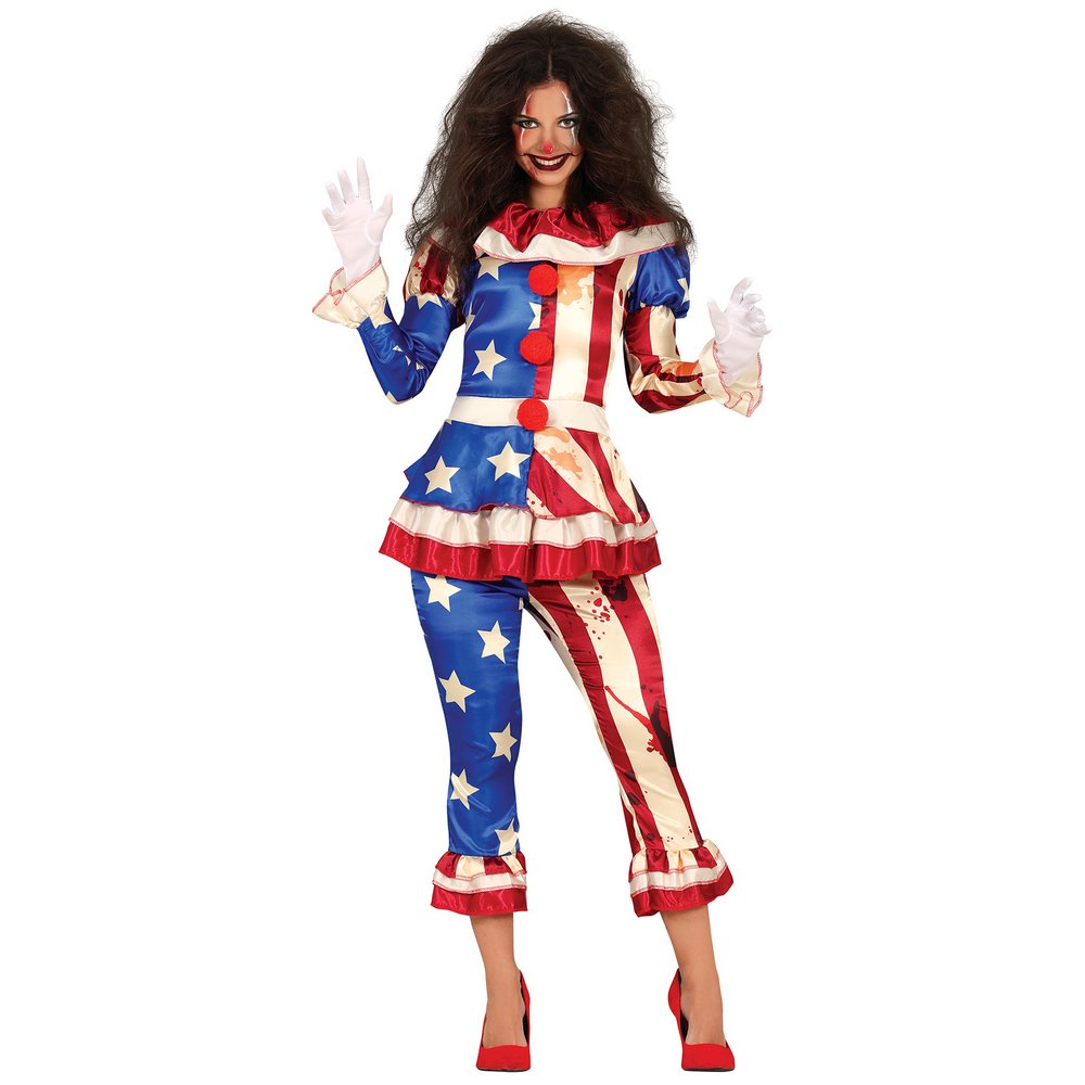 Ijesztő Amerikai Bohóc Jelmez Lányoknak Halloweenre, S (36-38), Kék, Piros