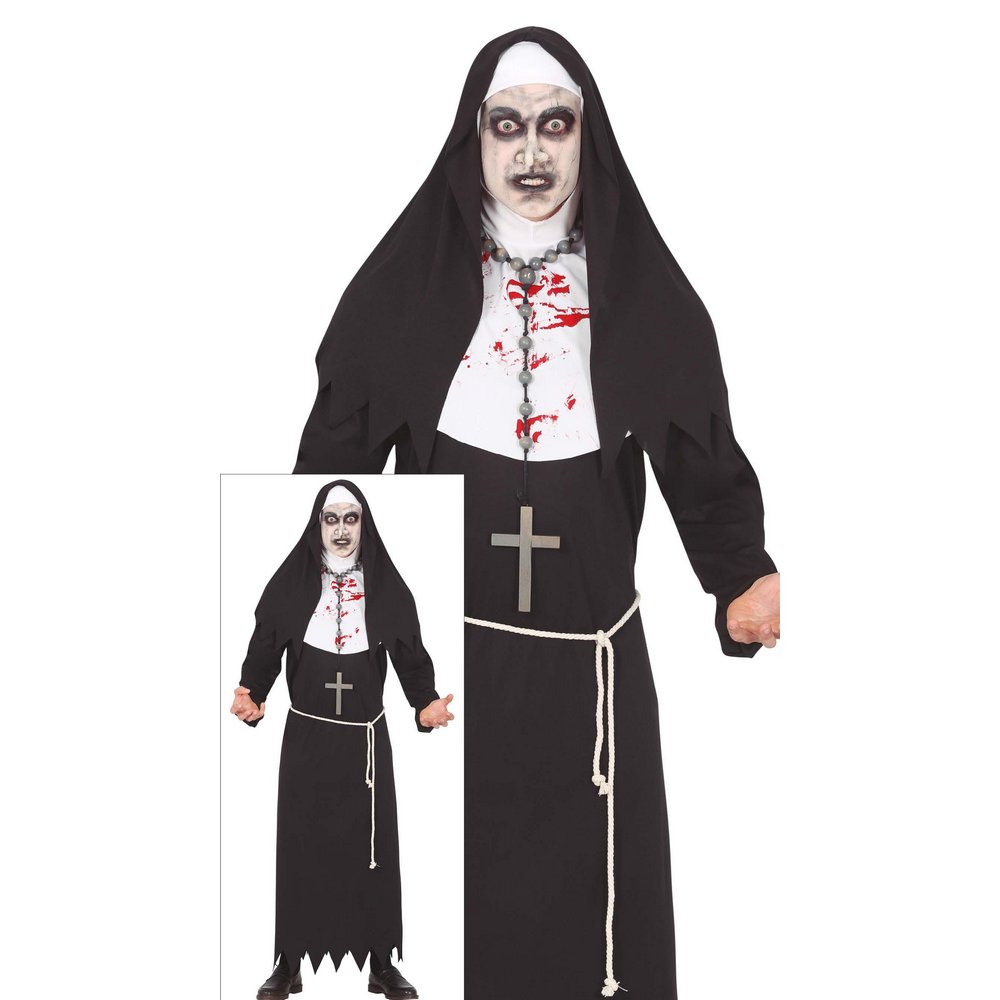 Ijesztő Apáca Férfi Jelmez Halloweenre, M (48-50), Fehér, Fekete