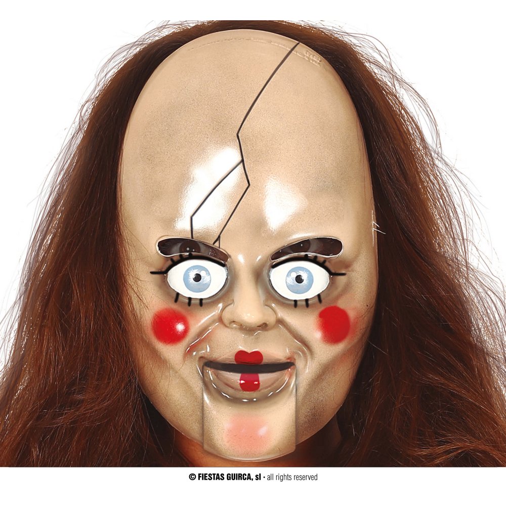 Ijesztő Baba Maszk Hosszú Barna Hajjal Halloweenre