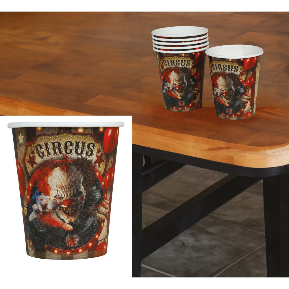 Ijesztő Bohóc Papír Pohár Szett Halloweenre, 6 db, 240 ml, 9 cm