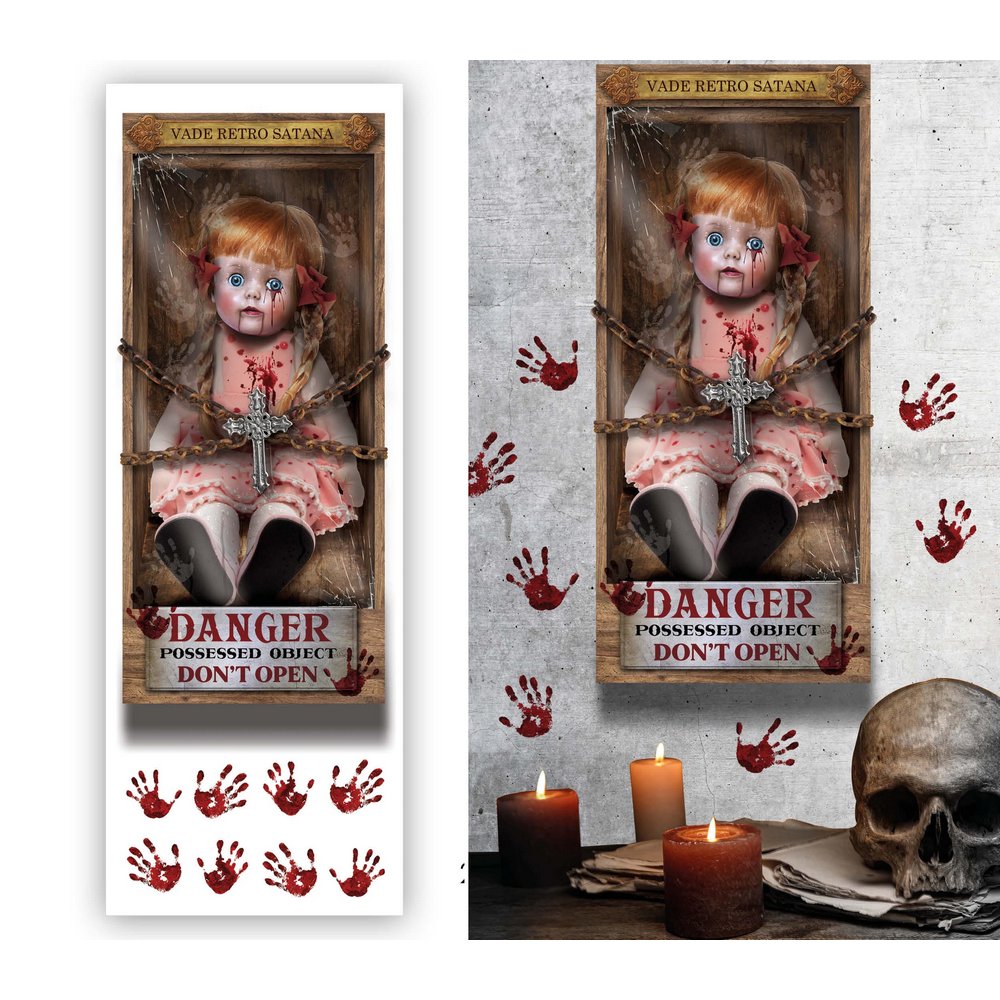 Ijesztő Gyilkos Baba Falmatrica Szett Halloweenre, 25x70 cm