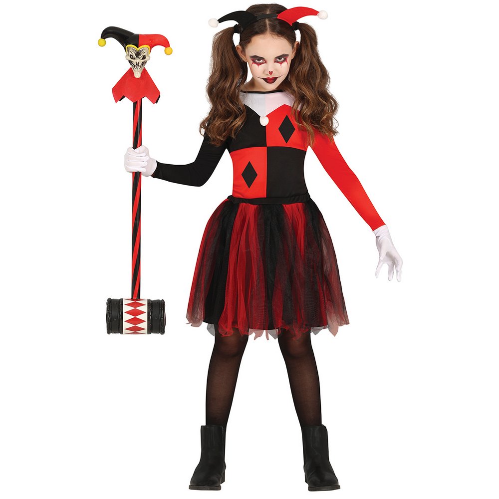 Ijesztő Harlekin Lány Jelmez Halloweenre, 10 - 12 Év, Fekete, Piros