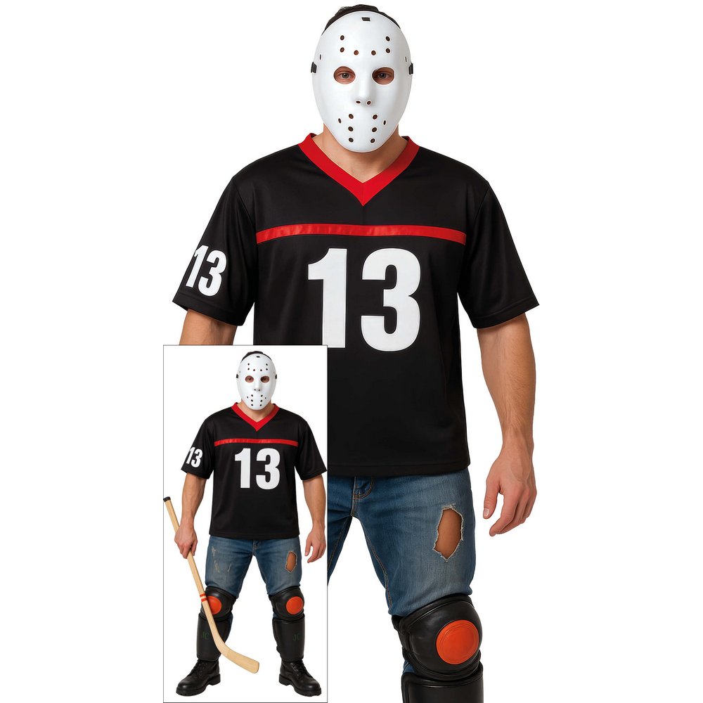 Ijesztő Jégkorong Játékos Férfi Jelmez Halloweenre, L (52-54), Fekete, Piros