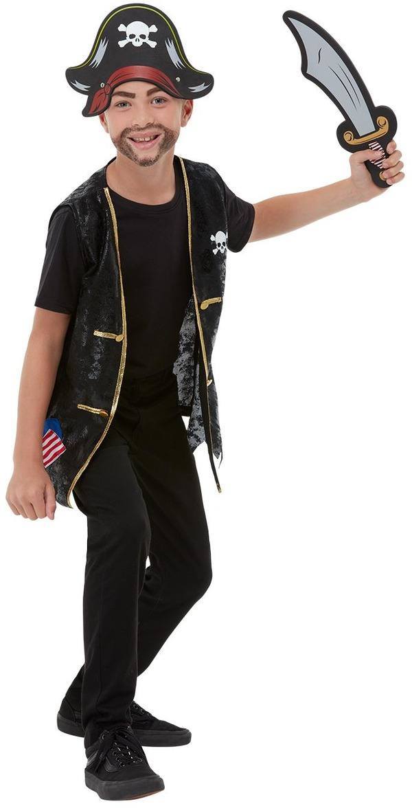 Fekete Kalóz Készlet Kisfiúknak Mellénnyel, Kalappal és Karddal - M/L