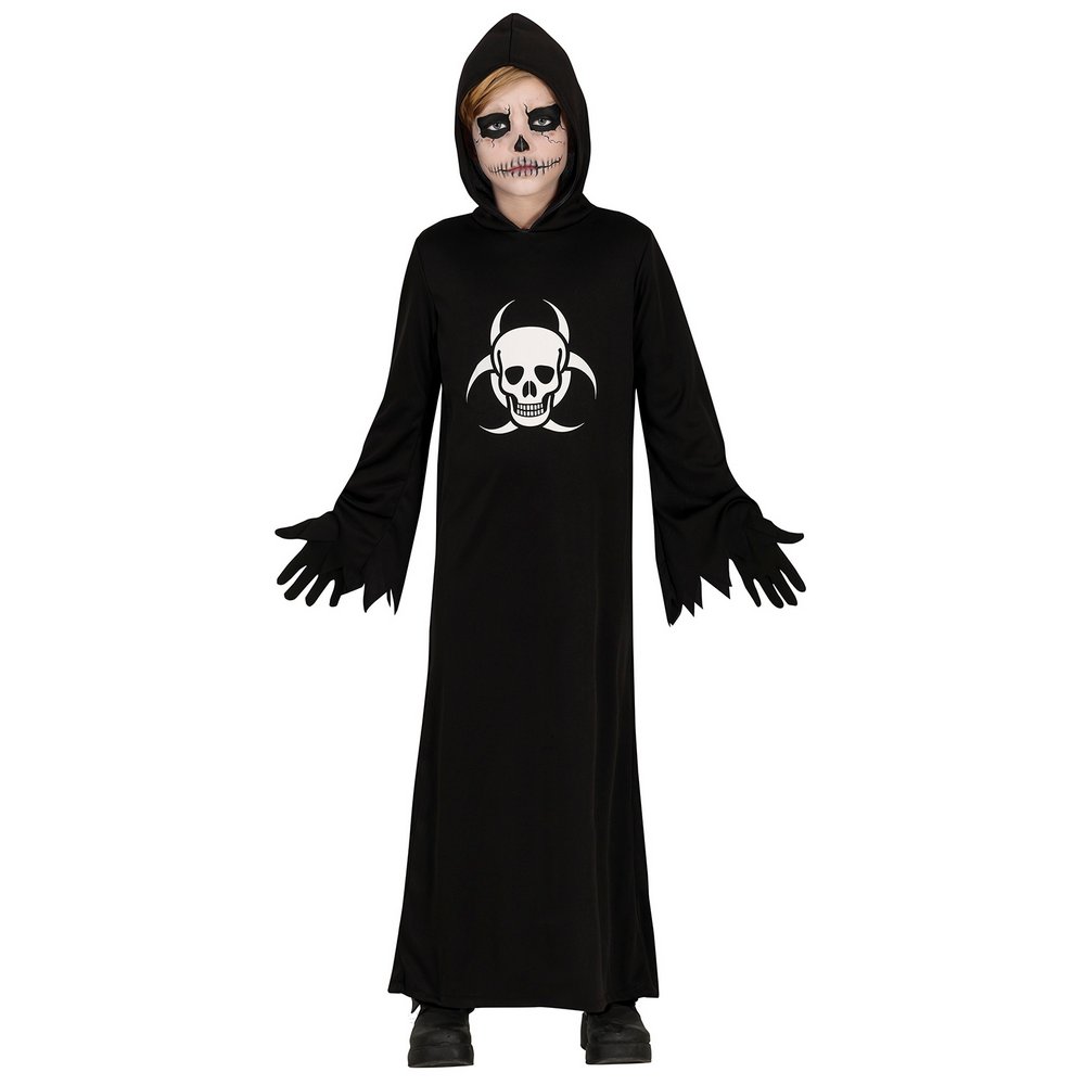 Kapucnis Biohazard Koponya Jelmez Fiúknak Halloweenre, 10 - 12 Év, Fekete, Fehér