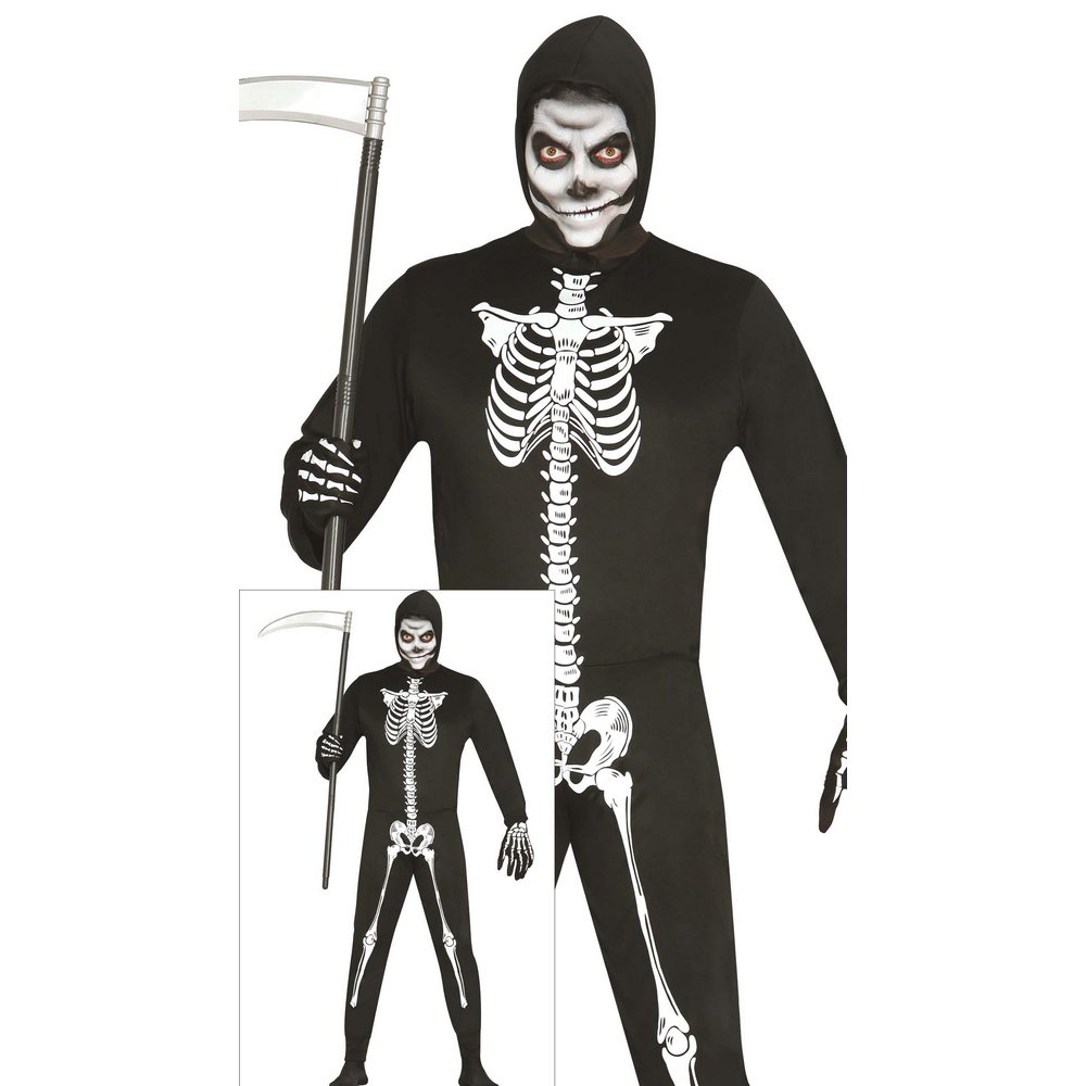 Kapucnis Csontváz Fiú Jelmez Halloweenre, L (52-54), Fekete, Fehér