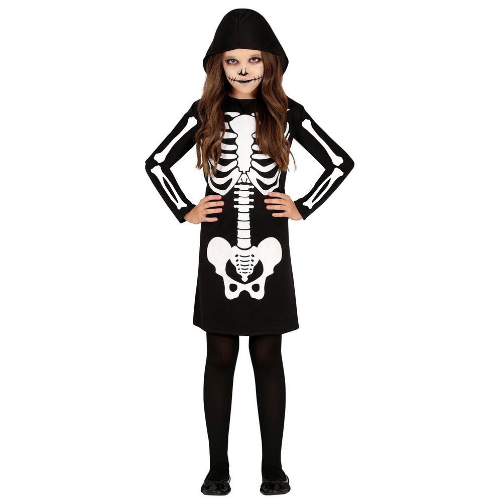 Kapucnis Csontváz Lány Jelmez Halloweenre, 7 - 9 Év, Fekete, Fehér