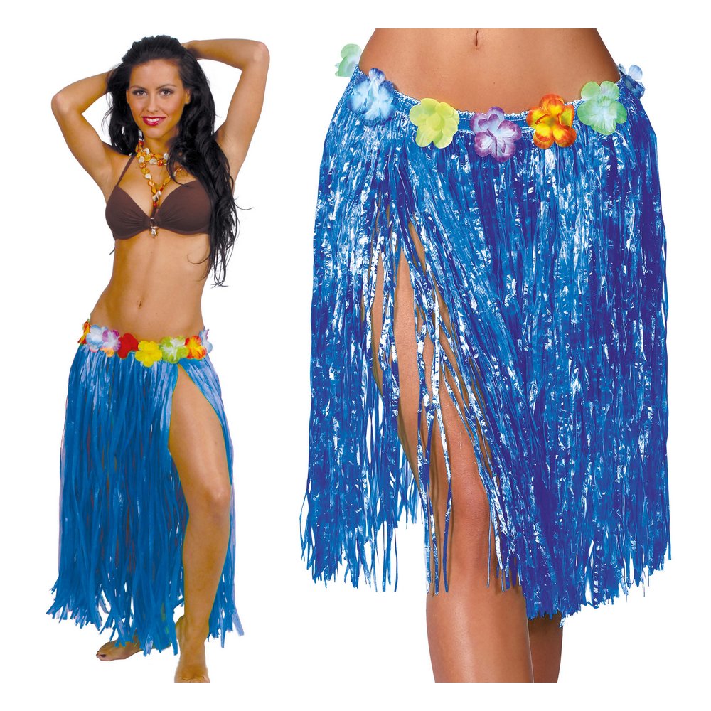 Kék Hawaii Női Szoknya Virágokkal,  75 cm