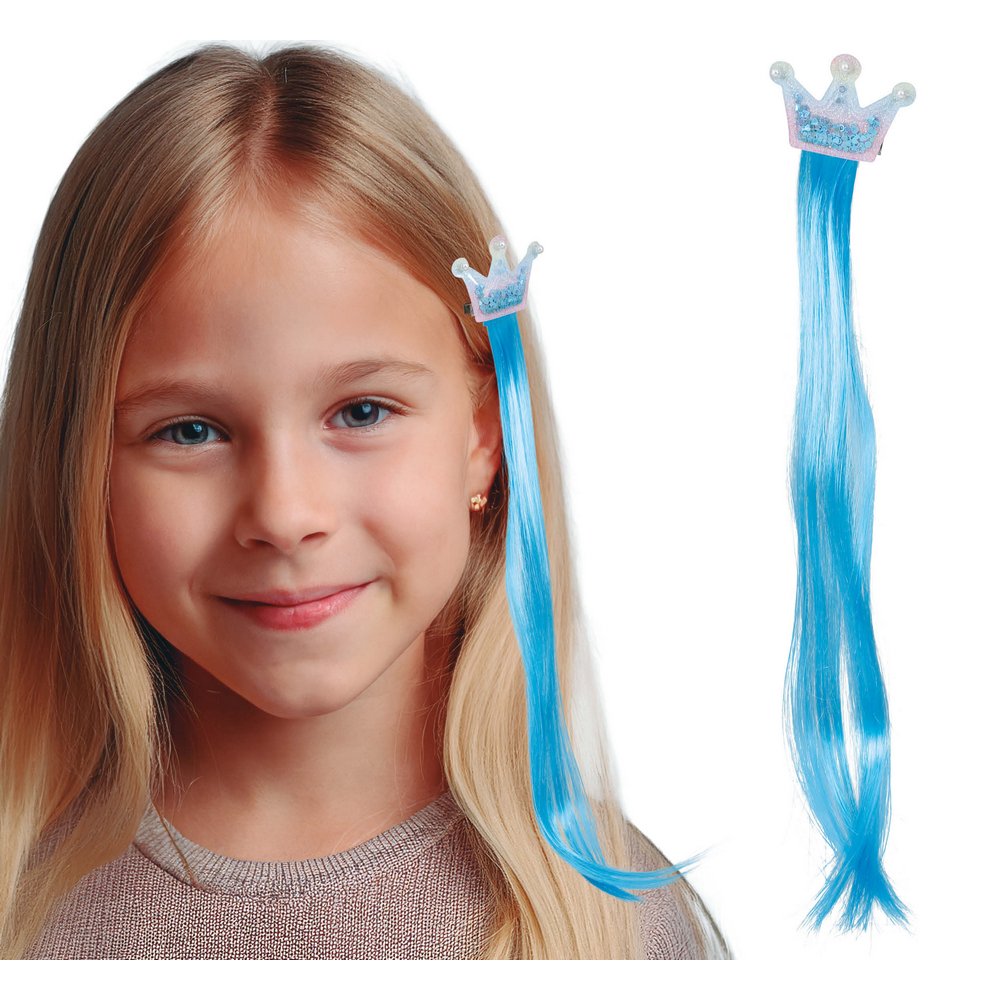 Kék Koronás Hajcsat Hajpótlékkal Lányoknak, 35 cm
