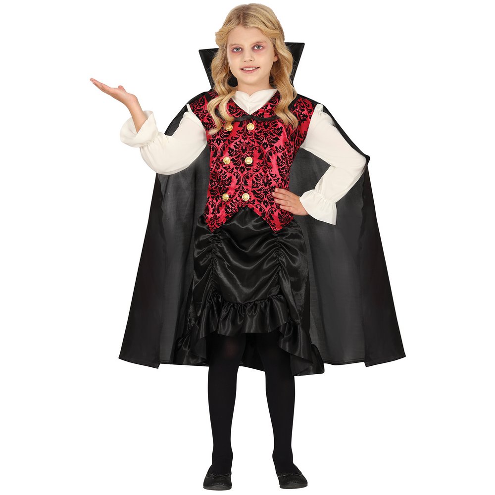 Klasszikus Vámpír Lány Jelmez Halloweenre, 7 - 9 Év, Fekete, Piros