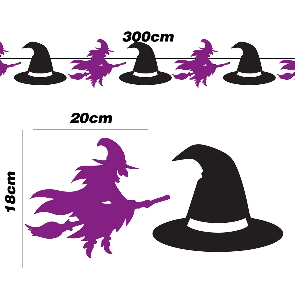 Lila és Fekete Boszorkányos Papír Girland Halloweenre, 300 cm, 20x18 cm