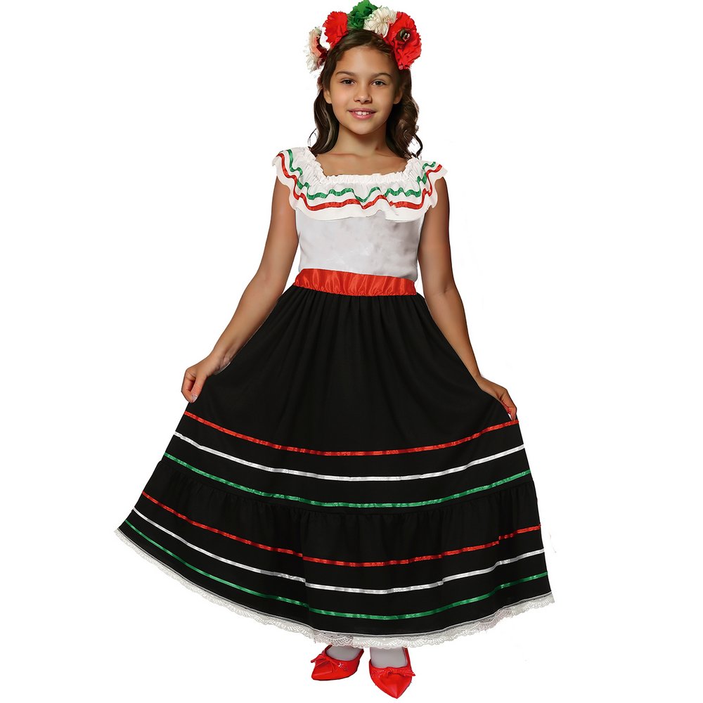 Mexikói Lány Jelmez, 5 - 6 Év, Fehér, Fekete