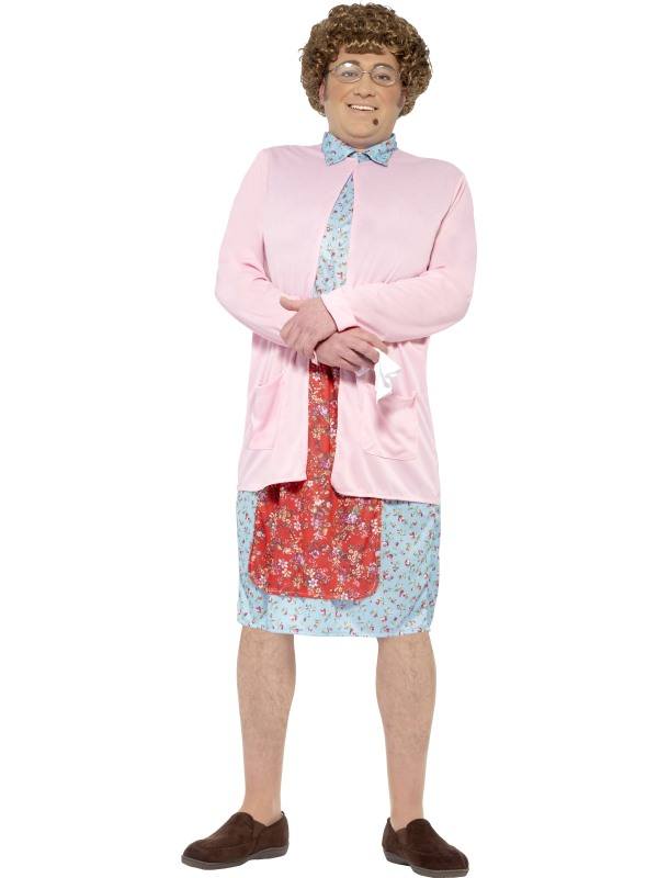 Rózsaszín Mrs Brown Jelmez Férfiaknak Ruhával, Kardigánnal, Parókával, Szemüveggel, Zsebkendővel és Anyajeggyel - L